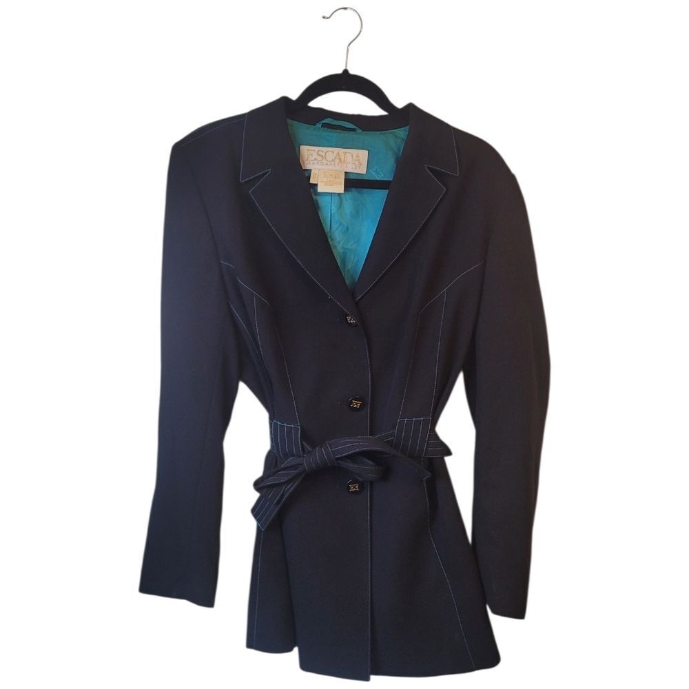 Vintage Escada Black & Blue Logo Tie Waist Wool Trench Coat Women's Size EUR 42